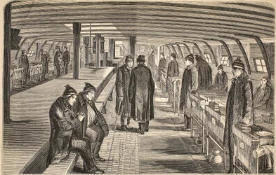 Cubierta superior del barco hospital Unite, adjunto a los cascos en Woolwich, ilustración de Las prisiones criminales de Londres y escenas de la vida en prisión de Henry Mayhew y John Binny, pub. 1862