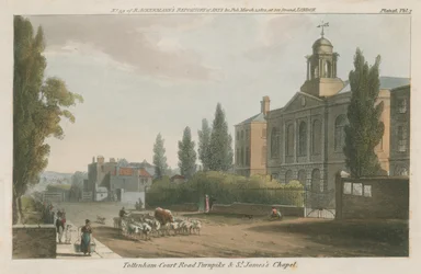 Turnpike de Tottenham Court Road y Capilla de St James, Londres