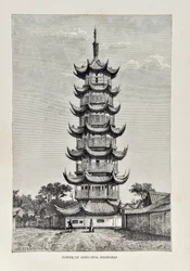 Torre de Long Hua, Shanghái, ilustración de The Universal Geography, the Earth and its inhabitants, publicado 1878
