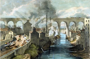 Tren cruzando el viaducto de Stockport en la London  North Western Railway, c.1845 (litografía en color)