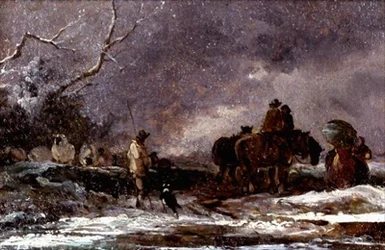 Viajeros en una tormenta de nieve