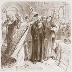 Juicio de Huss: Degradación del mártir, ilustración de La Historia del Protestantismo por James Aitken Wylie (1808-1890), pub. 1878