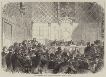 Juicio a los miembros de la "Sociedad Internacional" de los Obreros en Francia (grabado)