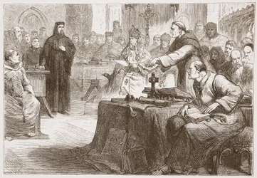 Juicio de Wicliffe, ilustración de La Historia del Protestantismo por James Aitken Wylie (1808-1890), pub. 1878
