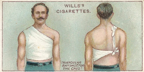 Vendaje triangular para el pecho, no. 37 de la serie de primeros auxilios de las tarjetas de cigarrillos de Willss, 1913