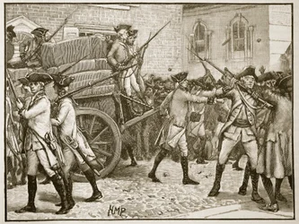 Tropas escoltando el papel sellado al Ayuntamiento de Nueva York, 1766, ilustración de Cassells Illustrated History of England