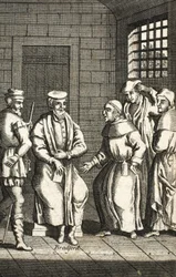 Dos frailes españoles hablando con el Sr. Bradford, ilustración de Mártires de Fox c.1703