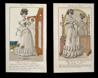 Dos láminas de moda de damas en vestido de noche, anuncios de Modes de Paris, c.1825
