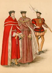 Dos pares con sus togas y un alabardero (litografía en color)