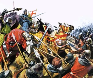 Escena de batalla no identificada con caballos de caballería acorazados contra el enemigo con lanzas