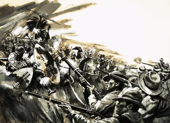 Batalla no identificada con guerreros zulúes, posiblemente Roarke