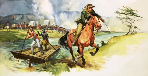 Vaquero no identificado cabalgando lejos del río con soldados ingleses bajo ataque en la orilla más lejana.
