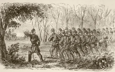 Soldados de la Unión en la meseta en la primera batalla de Bull Run (litografía)