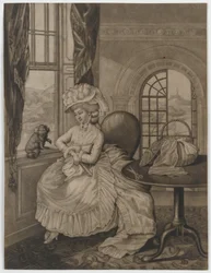 Sin título (mujer sentada en una ventana mirando a un perro pequeño), c.1780