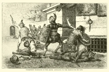 Gladiador vencido en la arena apelando al pueblo por su vida