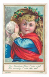Tarjeta navideña victoriana de un niño con un sombrero con acebos sosteniendo una bola de nieve, c.1880