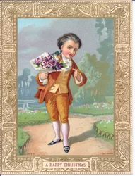 Tarjeta navideña victoriana de un niño vestido con ropa victoriana sosteniendo un ramo de flores, c.1880