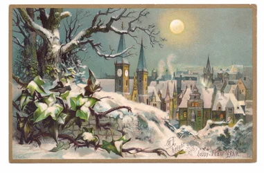 Tarjeta victoriana de Año Nuevo de una iglesia y casas en una noche de luna nevada, c.1880 (litografía en color)