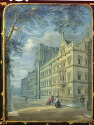 Panel de gabinete de costura victoriano decorado con una escena del Exeter College, Oxford