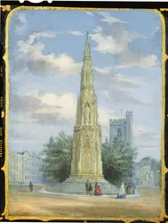 Panel de gabinete de costura victoriano decorado con una escena del Martyrs Memorial, Oxford