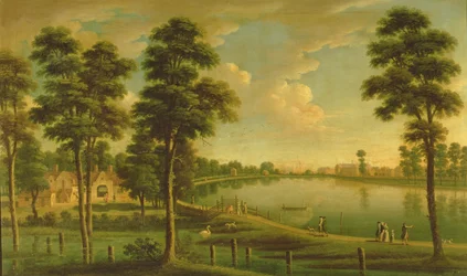 Vista del embalse y las obras hidráulicas de Chelsea, con la Abadía de Westminster en la distancia, c.1725