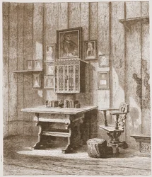 Vista de la habitación de Lutero en el Wartburg, mostrando la mancha de tinta en la pared, ilustración de La Historia del Protestantismo de James Aitken Wylie, pub. 1878
