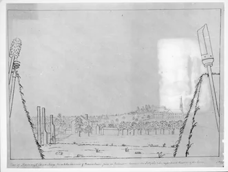 Vista de la Iglesia de Roxborough, Kings Arms y las chimeneas de Browns House, desde una tronera entre la poterna y el bastión derecho de las líneas, 1776