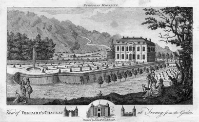 Vista del castillo de Voltaire en Ferney, desde el jardín, pub. 1786