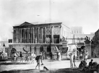 Vista de una Casa, Manufactura y Bazar, en Calcuta, grabado por Francis Jukes, 1795 (aguatinta)