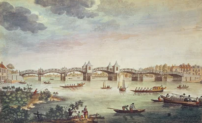 Vista del puente sobre el Támesis en Hampton Court, grabado por John Bowles (fl. 1724-56)