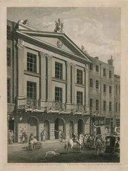 Vista del Nuevo Frente, hacia Bridges Street, de la entrada principal al Teatro Real Drury Lane