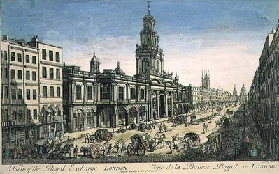 Vista del Royal Exchange, Londres, grabado por Pierre Moithey