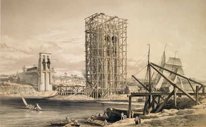 Vista de la construcción del Puente Tubular Britannia
