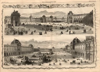 Vistas del Cour Carrée del Louvre en París. Grabado en “The illustrated London News” del 15 de agosto de 1857.