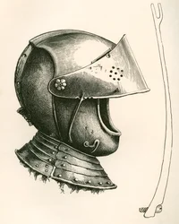 Casco con visera de hacia 1643. La pieza del lateral es el puntal de la visera, de tamaño natural, utilizado para mantener la visera en diferentes ángulos según la muesca utilizada, de The British Army: Its Origins, Progress and Equipment, publicado en 186