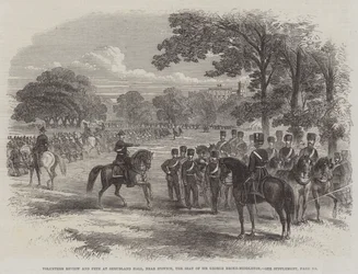 Revisión y fiesta de voluntarios en Shrubland Hall, cerca de Ipswich, la residencia de Sir George Broke-Middleton