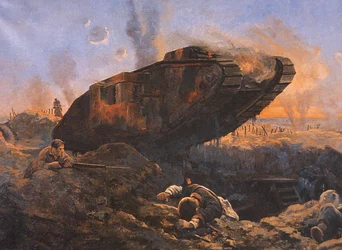 Tanque británico en acción en el Frente Occidental en la Primera Guerra Mundial