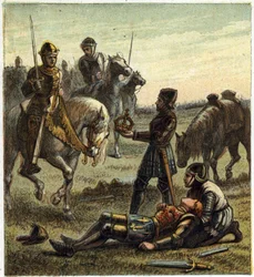 Guerra de las Dos Rosas: muerte del Rey Ricardo III (1452-1485) durante la Batalla de Bosworth Field, el 22/08/1485 entre Ricardo III y Enrique, Duque de Richmond. Este último recibió la corona del rey depuesto y se convirtió en Enrique VII conocido como E
