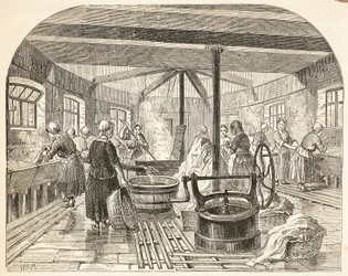 Lavandería en la prisión de Brixton, ilustración de Las prisiones criminales de Londres y escenas de la vida en prisión de Henry Mayhew y John Binny, pub. 1862