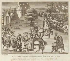 Wat Tyler es asesinado por Walworth por su insolencia y el rey Ricardo se pone al frente de los rebeldes