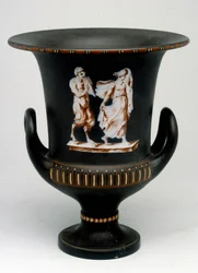 Jarrón Wedgwood que representa a una joven y un sátiro de cerámica negra pintado "con la encáustica". Inglaterra, alrededor de 1775 - 1790. Oficina de Medallas, BN en París