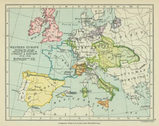Europa Occidental con los cambios efectuados por los Tratados de Utrecht y Rastadt (litografía en color)