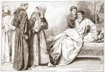 Wicliffe y los monjes: escena en la cámara, ilustración de La Historia del Protestantismo por James Aitken Wylie (1808-1890), pub. 1878