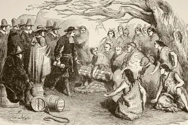 William Penn firma un tratado con los indios Delaware o Lenape en 1682 (litografía)