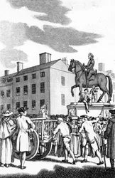 William Stroud, «Un hombre azotado a la cola de un carro por hurto menor desde Charing Cross hasta Horse Guards», grabado para la Tyburn Chronicle
