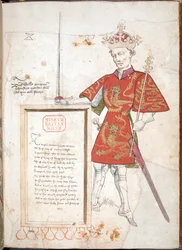 Guillermo el Conquistador, Un rey inglés con armadura y tabardo, presentando una placa con versos (vitela)