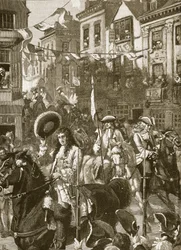 Procesión triunfal de William hacia Whitehall, ilustración de Cassells Illustrated History of England