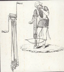 Mecanismo de torno para tensar una ballesta, ilustración de «Ancient Armour»