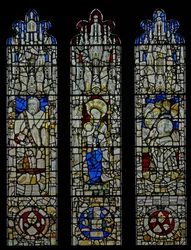 Ventana S6 que representa a Santiago, la Virgen y el Niño, la Misa de San Gregorio