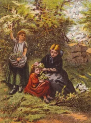 Mujer peinando a una niña con flores (litografía en color)